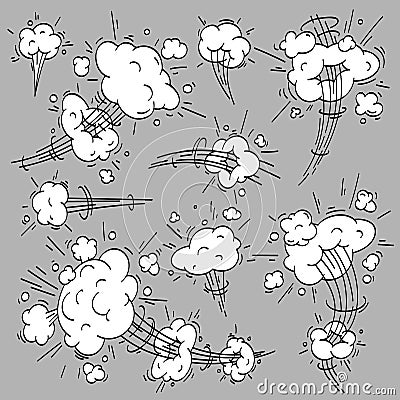 Speed cloud comic. Cartoon fast motion clouds, smoke effects and motions trail vector elements set Vector Illustration