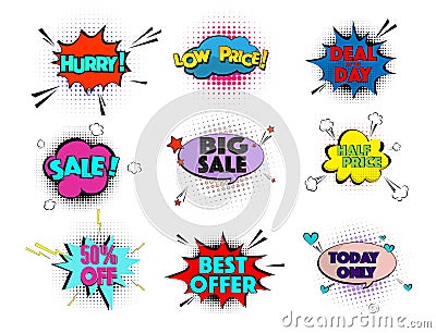 Speed comic pop art sale clouds. Vector elements bright colorful tags sale, special offer, hurry, best offer, low price Vector Illustration