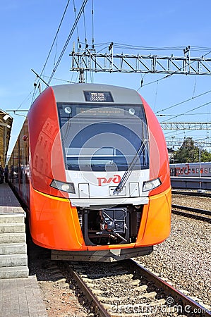 Speed electric train Siemens Desiro RUS Lastochka (Moscow - Nizhny Novgorod) at Kursky Railway Station. Editorial Stock Photo