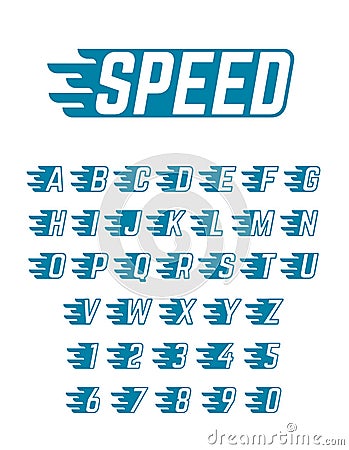 Speed flying vector alphabet. Fast symbols typeface for racing car team, retro posters and sportswear Vector Illustration