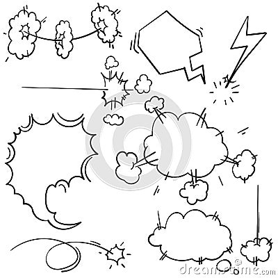 Speed hand drawn fast motion clouds, smoke blast or puff cloud motions. doodle air wind storm blow explosion with cartoon drawing Vector Illustration