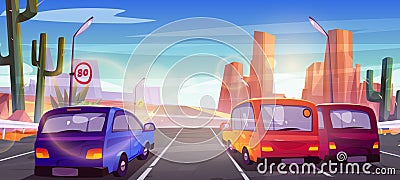 Speed highway in desert with cars Cartoon Illustration