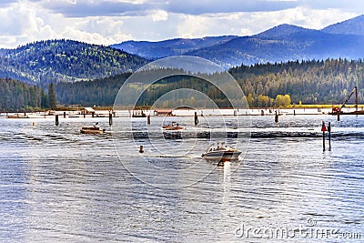 Speed House Boats Reflection Lake Coeur d` Alene Idaho Stock Photo