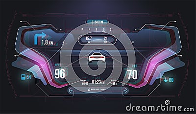 Speed hud kilometer performance indicators dashboard. Car Instrument Panel. Tachometer, Data Display and Navigation. Virtual Vector Illustration