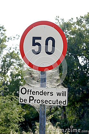 Speed limit sign covered by a spider web Stock Photo