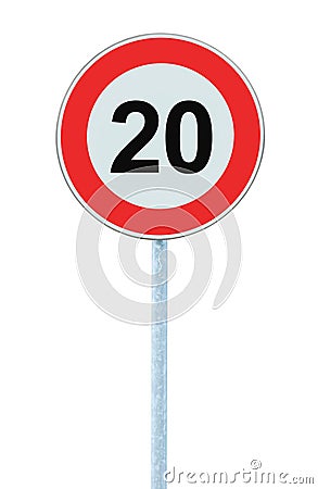 Speed Limit Zone Warning Road Sign, Isolated Prohibitive 20 Km Kilometre Kilometer Maximum Traffic Limitation Order, Red Circle Stock Photo