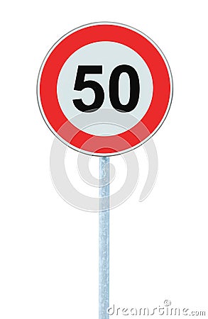 Speed Limit Zone Warning Road Sign, Isolated Prohibitive 50 Km Kilometre Kilometer Maximum Traffic Limitation Order, Red Circle Stock Photo