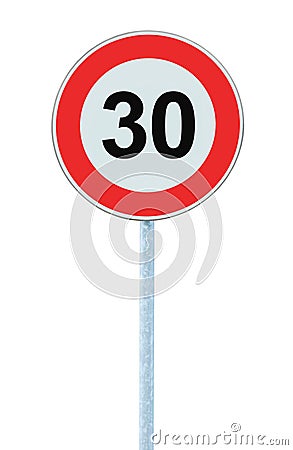 Speed Limit Zone Warning Road Sign, Isolated Prohibitive 30 Km Kilometre Thirty Kilometer Maximum Traffic Limitation Order Stock Photo