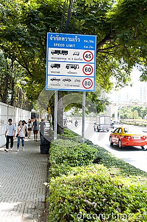 Speed limits sign in a Bangkok street, Thailand Editorial Stock Photo