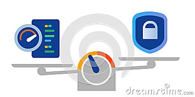 speed performance vs security privacy secure protection balancing with development code Vector Illustration