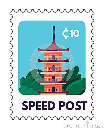 Speed post, postmark with Japanese temple vector Vector Illustration