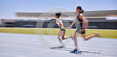 Speed race, relay and woman running in marathon competition, sports event or high energy track sprint. Action, moving Stock Photo
