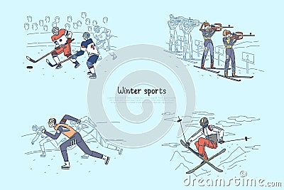 Speed skating, biathlon competition, ice hockey match, professional sportsman skiing, dangerous hobby banner template Vector Illustration