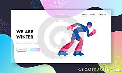 Speed Skating or Short Track Competition Website Landing Page. Sportsman Skater Moving Fast by Stadium. Winter Season Vector Illustration