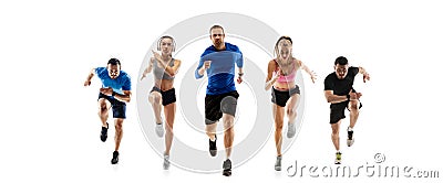 Development of motions of young athletic fit men and women in action isolated over white background. Flyer. Stock Photo