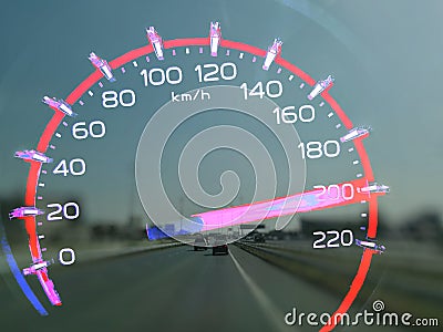 At a speed of 200 to 210 kilometers per hour of High lifters truck on car dashboard. Concept Driving fast is dangerous. Stock Photo