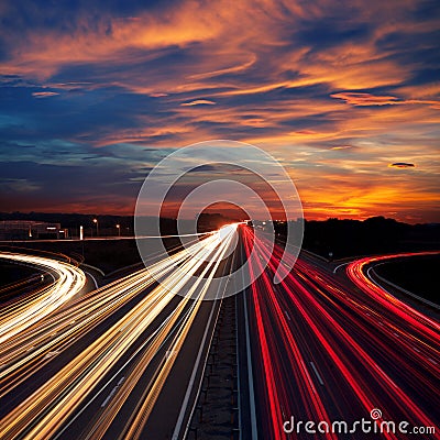 Speed Traffic at Dramatic Sundown Time - light trails Stock Photo