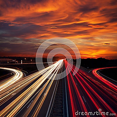 Speed Traffic at Sundown Time - light trails on motorway highway Stock Photo