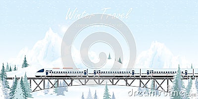 Speed train on railway bridge on winter landscape Vector Illustration