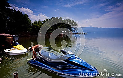 Speedboats of Qionghai Lake Editorial Stock Photo