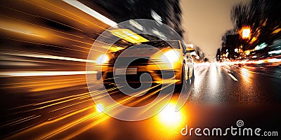 Speeding car in the night. Traffic rushing through the streets. Yellow luxury sports car photograph with night lights. Stock Photo