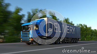 Speeding freight semi truck with DELIVERY caption on the trailer. Road cargo transportation. 3D rendering Stock Photo