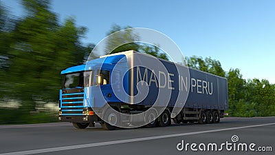 Speeding freight semi truck with MADE IN PERU caption on the trailer. Road cargo transportation. 3D rendering Stock Photo