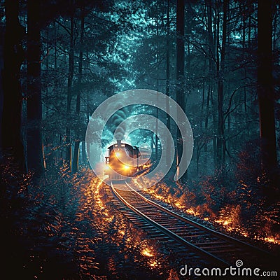Speeding through the night Train lights create dynamic forest scenery Stock Photo