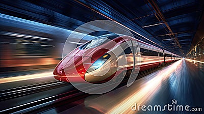 Speeding Onward: High-Speed Train Zooms Along Rail Tracks Stock Photo