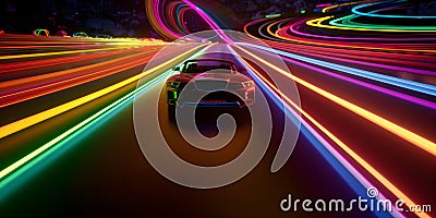 Speeding racing car on neon highway. Powerful acceleration of a supercar on a night track with colorful lights and trails. Stock Photo