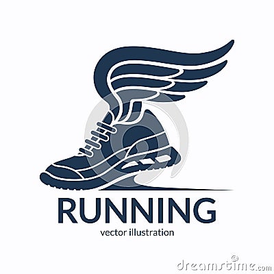 Speeding running shoe symbol, icon, logo. Sneaker silhouette with wings. Vector illustration Vector Illustration