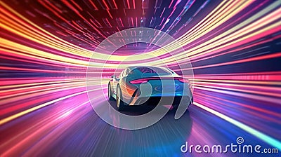 Speeding Sports Car On Neon Highway. Powerful acceleration of a supercar on a night track. Generative AI Cartoon Illustration