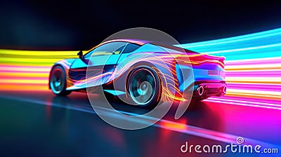 Speeding Sports Car On Neon Highway. Powerful acceleration of a supercar on a night track. Generative AI Cartoon Illustration