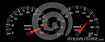 Speedometer of car. Fast speed on dashboard. tachometer and gauge of kilometer or mile. Auto panel with dial of instrument for Vector Illustration