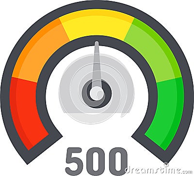 Speedometer with colorful sections pointing average performance with number 500 below, measuring speed, risk Vector Illustration