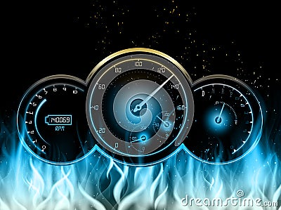 Speedometer in fire on black background Vector Illustration