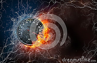 Speedometer on fire and water Stock Photo
