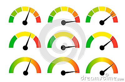 Speedometer gauge meter icons. Vector scale, level of performance. Speed indicator .Infographic of risk, gauge, score Vector Illustration