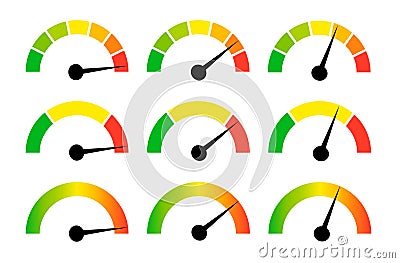 Speedometer gauge meter icons. Vector scale, level of performance. Speed indicator .Infographic of risk, gauge, score Vector Illustration