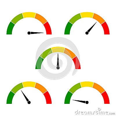 Speedometer icon with arrow. Dashboard with green, yellow, red indicators. Gauge elements of tachometer. Low, medium, high and Stock Photo