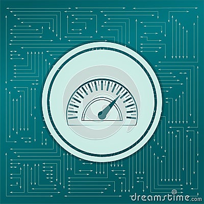 Speedometer icon on a green background, with arrows in different directions. It appears on the electronic board. Cartoon Illustration