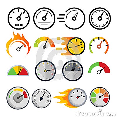 Speedometer Icon Set Vector. Speed Symbol. Auto Power. Automobile Interface. Transportation Element. Fast Indicator Vector Illustration