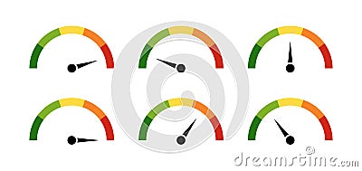 Speedometer icons with arrow. Dashboard with green, yellow and red indicators. tachometer. Low, medium, high and risk Vector Illustration