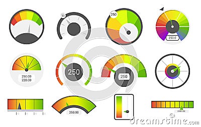 Speedometer icons. Credit score indicators. Speedometer goods gauge rating meter. Level indicator, credit loan scoring Vector Illustration