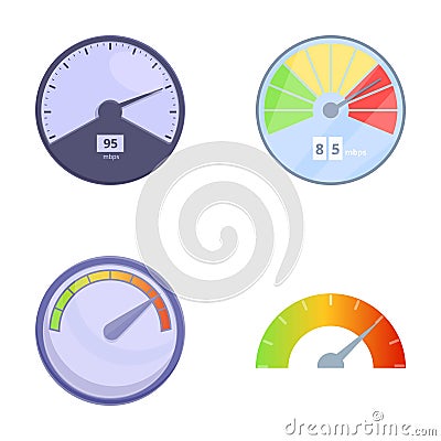 Speedometer icons set cartoon vector. Different type of speedometer Vector Illustration