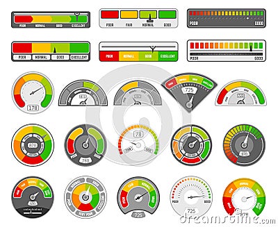 Speedometer indicator level. Quality rating indication, goods grade tachometer indicators, satisfaction score indicators Vector Illustration