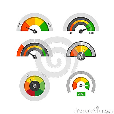 Speedometer indicators gauges low, moderate and high measurement levels vector stock Vector Illustration