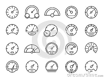 Speedometer line icons. Loading and downloading speed indicator, minimalistic outline tachometer gauge. Vector set Vector Illustration