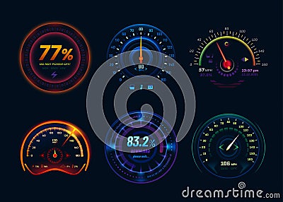 Speedometer neon LED light gauge arrows, indicators Vector Illustration