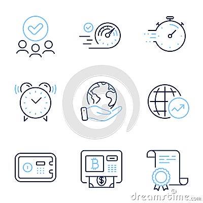 Speedometer, Safe box and Timer icons set. World statistics, Bitcoin atm and Alarm clock signs. Vector Vector Illustration